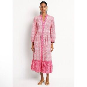 Zara Printed Midi Dress XS Pink Floral Button Front Tiered Boho Cotton 5029/077